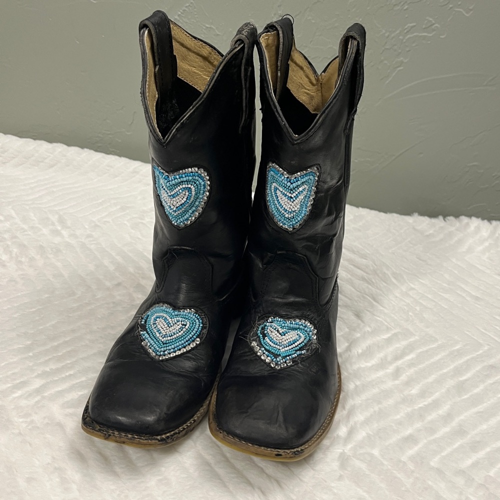 Roper Black Turquoise Kid Cowgirl Boots size 3 western beads leather